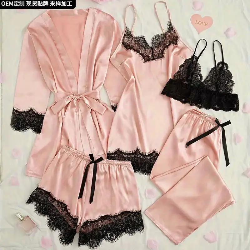 2024 New Sexy Pajamas Women's Spring and Summer Five-Piece Silk Black Lace Slip Skirt Long-Sleeved Nightgown Home Clothes by Hegichi