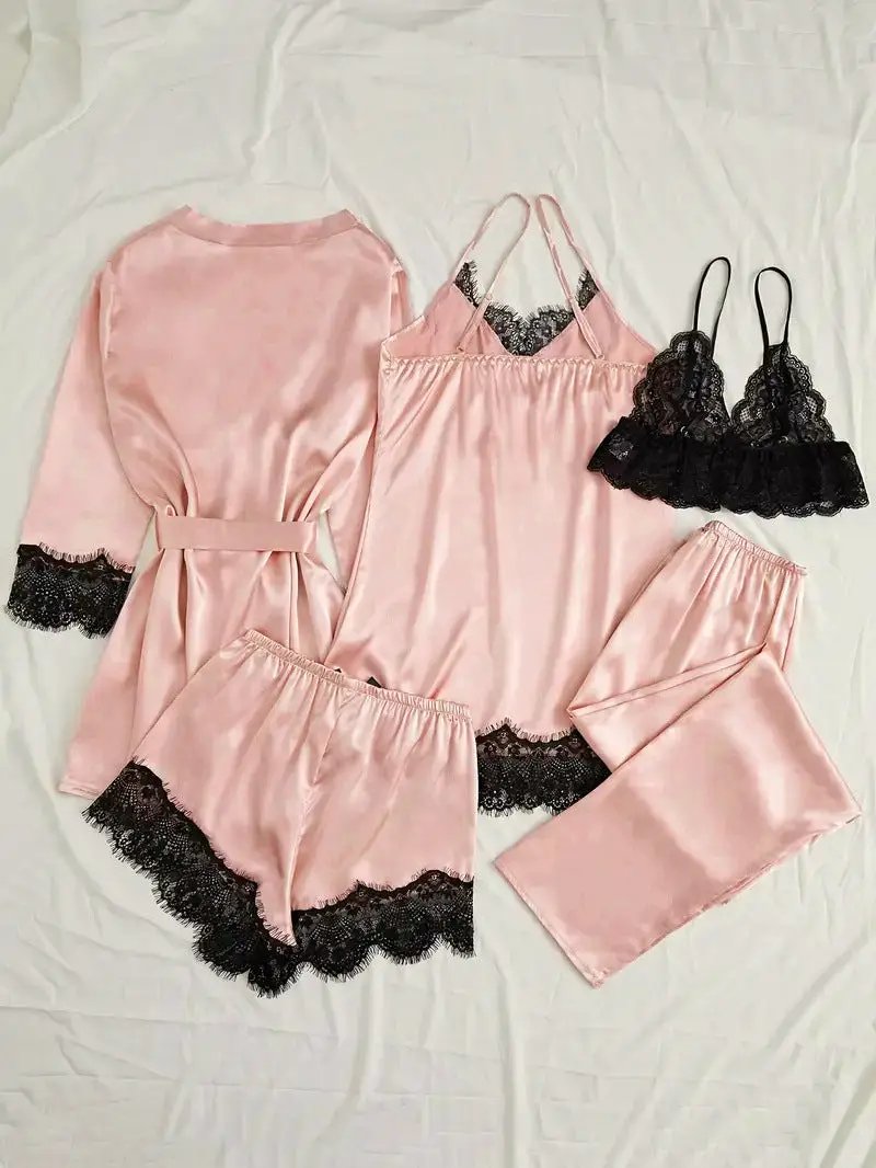 Silk Pajama Set With Black Lace Exclusive Collection by Hegichi