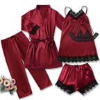 2024 New Sexy Pajamas Women's Spring and Summer Five-Piece Silk Black Lace Slip Skirt Long-Sleeved Nightgown Home Clothes by Hegichi