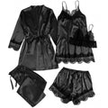 2024 New Sexy Pajamas Women's Spring and Summer Five-Piece Silk Black Lace Slip Skirt Long-Sleeved Nightgown Home Clothes by Hegichi