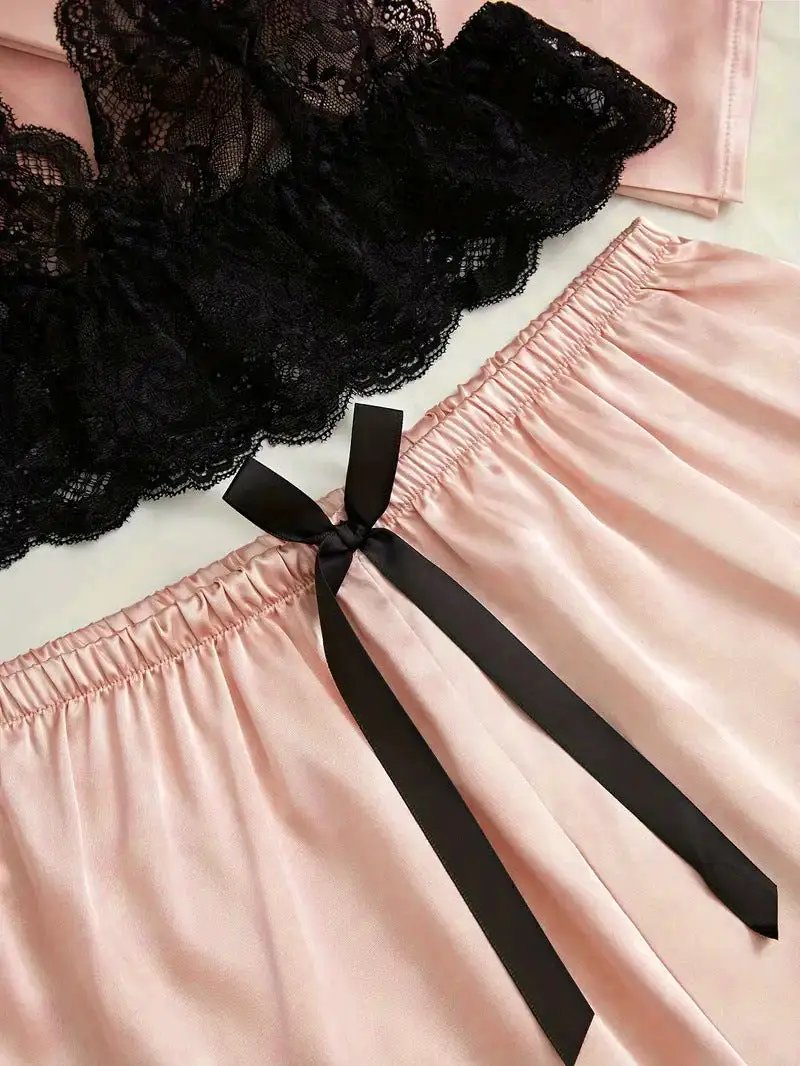 Silk Pajama Set With Black Lace Exclusive Collection by Hegichi