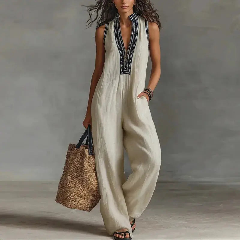 Sexy Deep V Neck Hollow Women's Jumpsuits Vintage Printed High Waist Slim Office Romper Spring Summer Sleeveless Pocket Overalls by Adornity