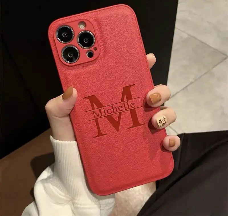 Personalized Customized Initials Name Case For iPhone 17 16 15 14 13 12 11 Pro Max Plus Big Letter Laser Engraving Leather Cover by Hegichi