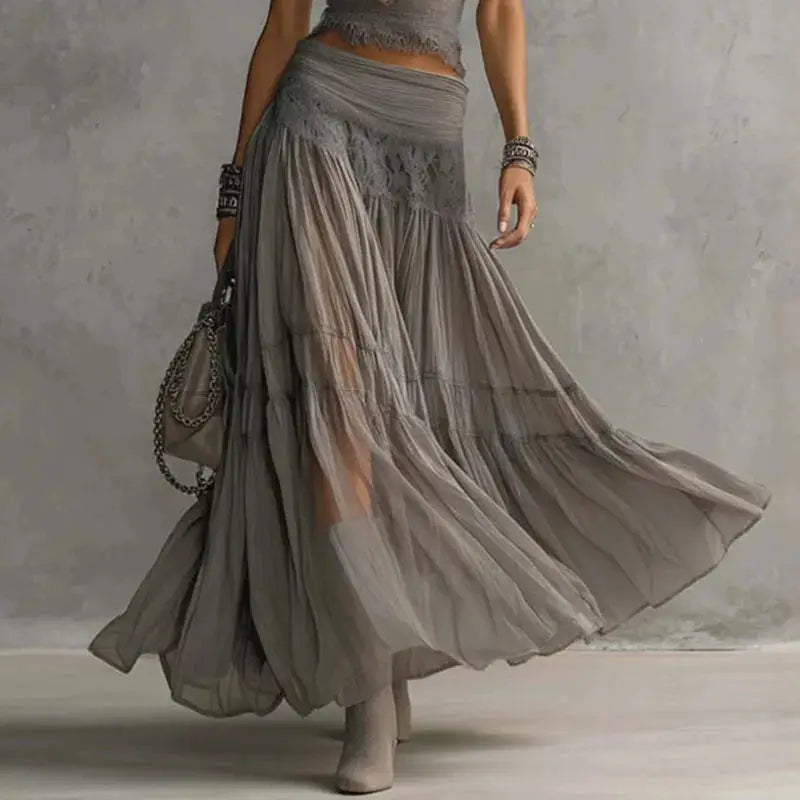 Women's Solid Lace Patchwork Sheer Maxi Skirt Set 2026 Summer Elegant Short Sleeve Crop Top & Long Skirt Outfit Spring Boho Suit by Adornity