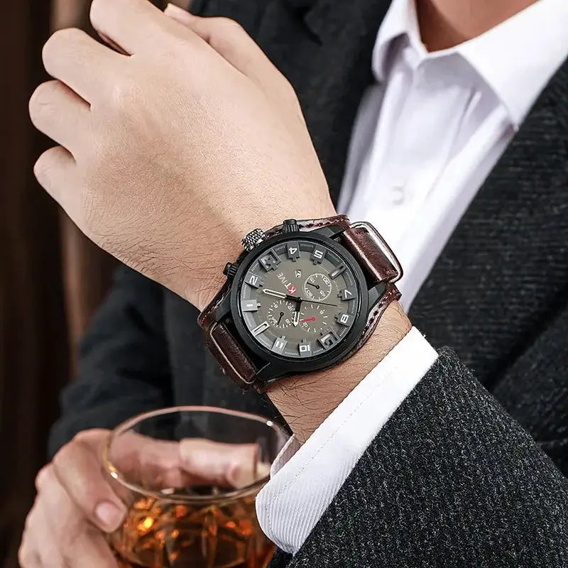 Retro Men's Watches High-end Luxury Man Watch PU Leather Strap Date Business Quartz Watch Big Dial Military tactical Wristwatch by Adornity