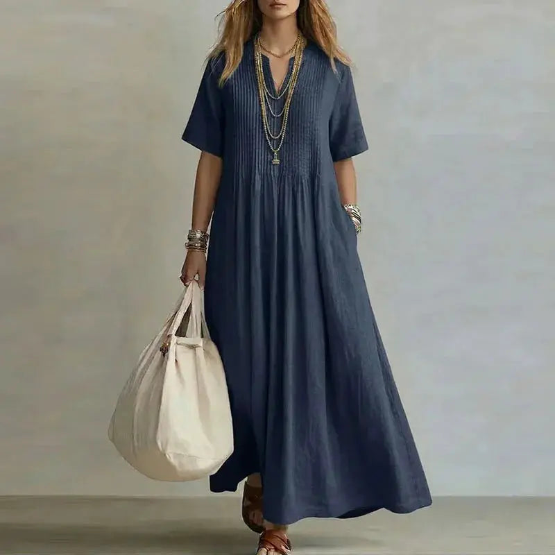 Retro Solid Cotton Linen Maxi Dress Woman Spring Sexy V Neck Draped Pocket Long Dress Summer Short Sleeve High Waist Party Dress by Adornity