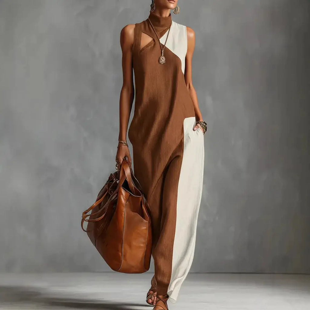 Bohemian Women's Long Dress Summer Color Block Beach Tank Dress Loose Casual High Neck Cutout Maxi Dresses Streetwear Colthing by Adornity