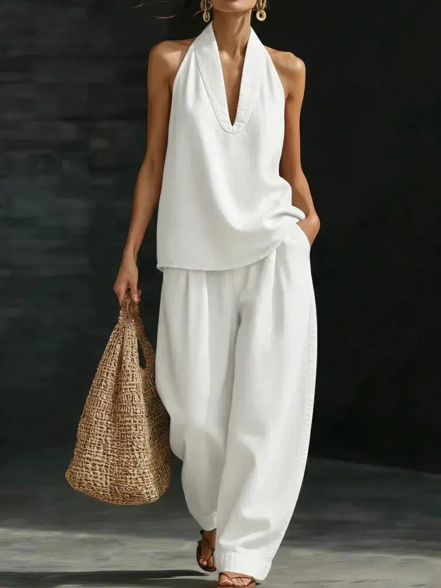 2026 Summer Women Sleeveless Denim Suit V-Neck High Waist Casual Loose Pants Outfit Simple Chic Two Pieces Loungewear Sets by Adornity