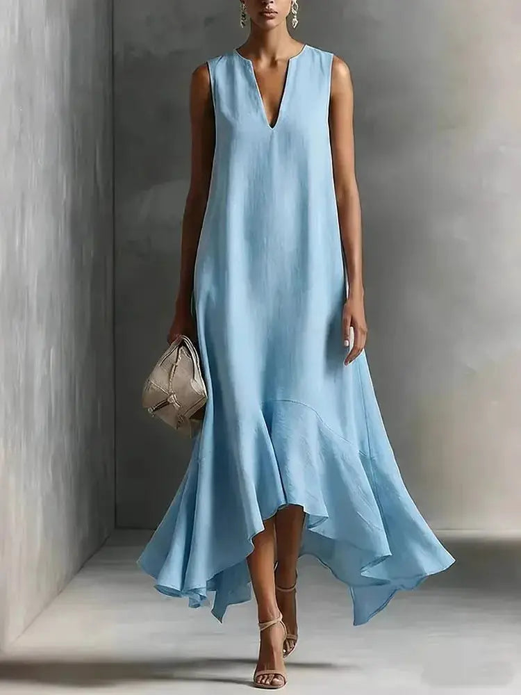 Solid Color Loose Long Dress For Women Summer Sexy V-neck Sleeveless Fashion Irregular Hem Dresses Lady Foreign Style Streetwear by Adornity