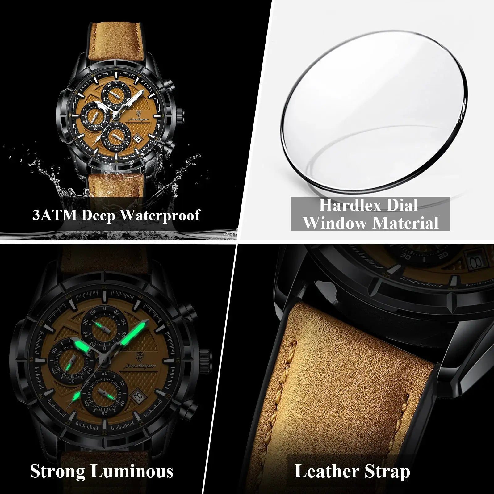 POEDAGAR Luxury Top Men Wristwatch Quartz Original Leather Men's Watches Date Chronograph Waterproof Luminous Man Watch Male+Box by Adornity