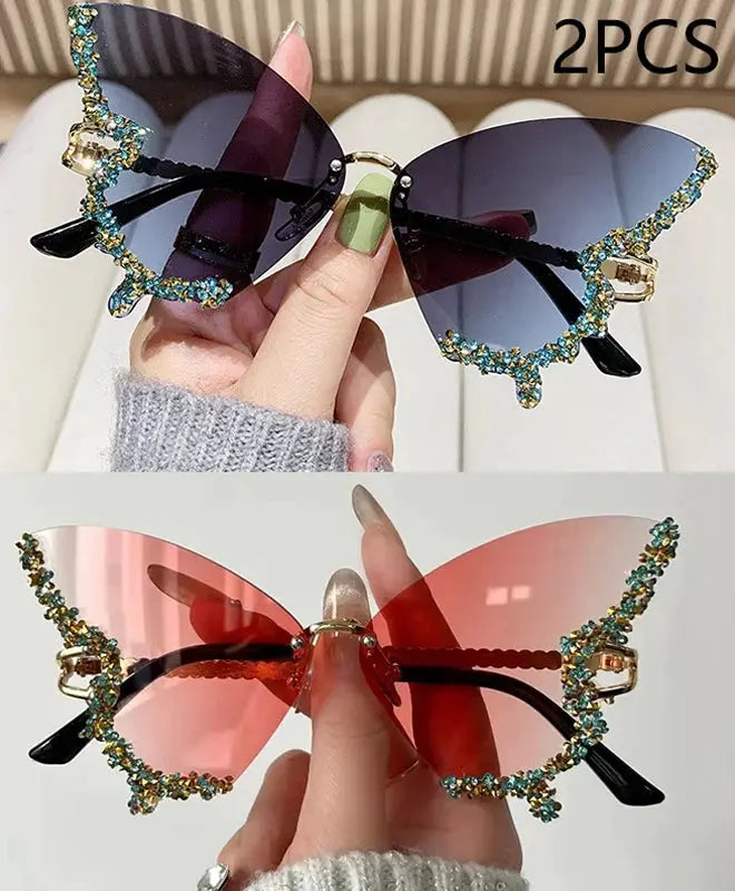 Luxury Diamond Butterfly Sunglasses Women Brand Y2K Vintage Rimless Oversized Sun Glasses Ladies Eyewear by Hegichi