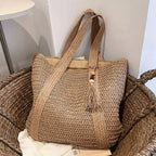 Summer Straw Women Bag Hand-Woven Handbags Handmade Raffia Beach Boho Shoulder Bag Large Tote Bag Tassel Shopping Purses by Hegichi