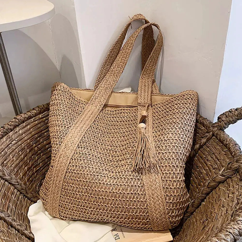 Summer Straw Women Bag Hand-Woven Handbags Handmade Raffia Beach Boho Shoulder Bag Large Tote Bag Tassel Shopping Purses by Hegichi