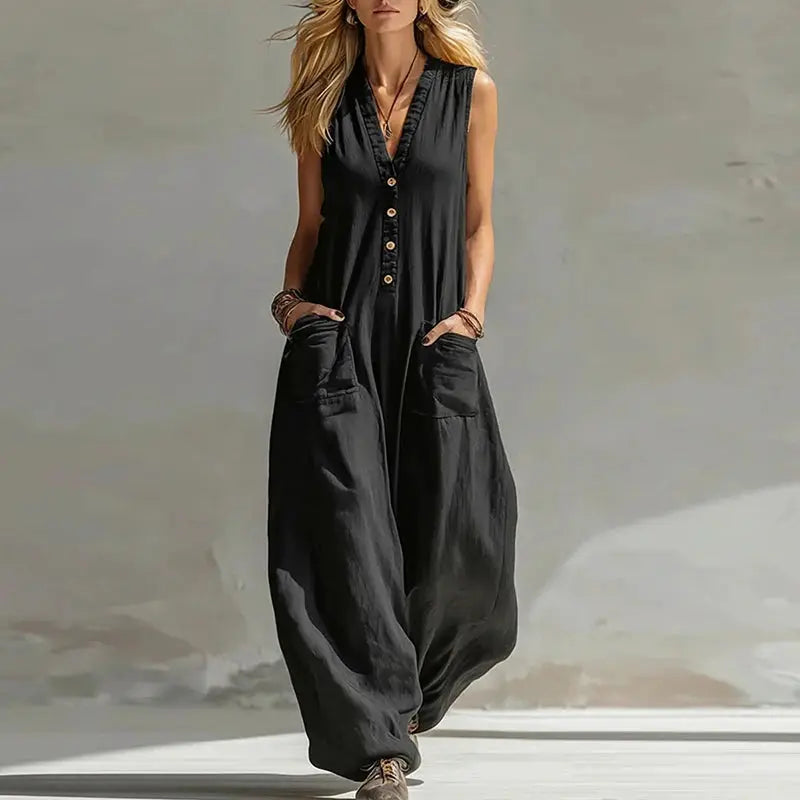 New Summer Sleeveless Cotton Linen Jumpsuit Women Casual V Neck Loose Wide Leg Pants Jumpsuit Women Casual Commuting Bodysuits by Adornity