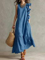 Women's Summer Irregular Ruffled Sleeveless Dress Casual Round Neck Solid Color Loose Long Dress Vestidos De Fiesta Elegantes by Adornity