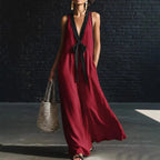 Women's Long Dress Solid Color 2026 Summer New Arrival Fashion Elegant Colorblock Deep V-neck Sleeveless Lace-Up Loose Dress by Adornity