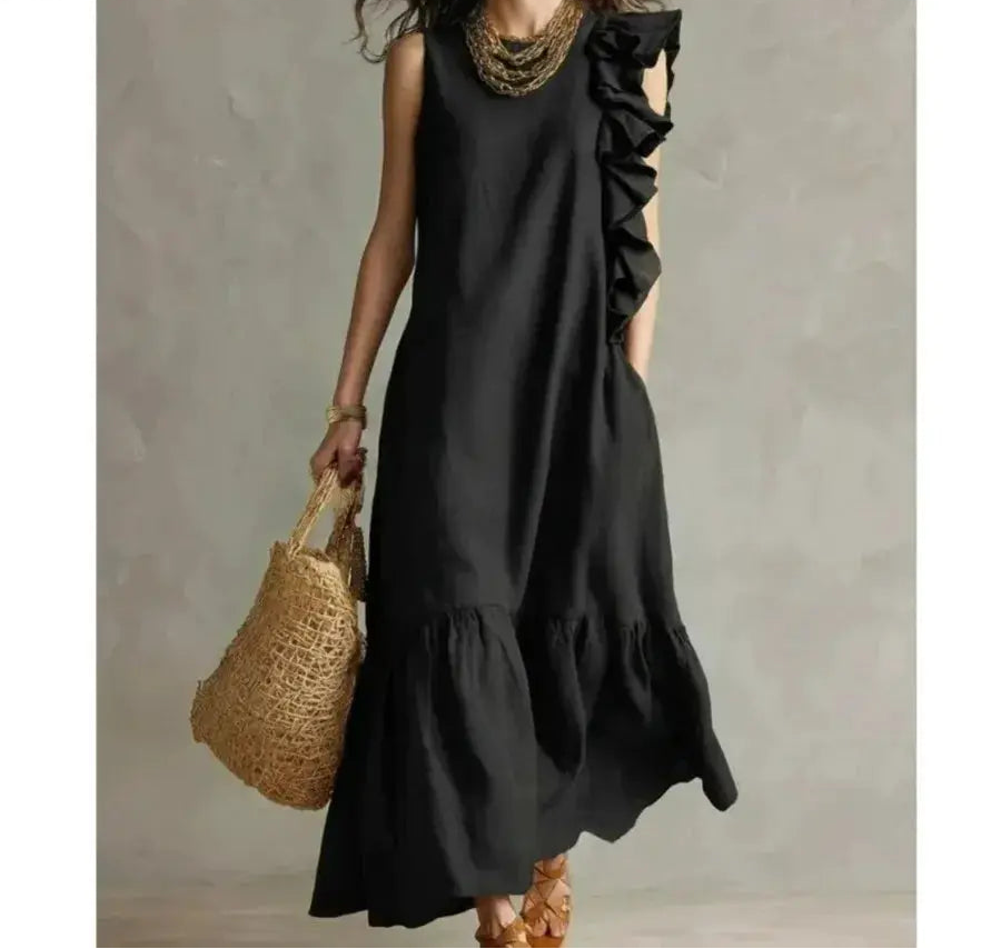 Women's Summer Irregular Ruffled Sleeveless Dress Casual Round Neck Solid Color Loose Long Dress Vestidos De Fiesta Elegantes by Adornity