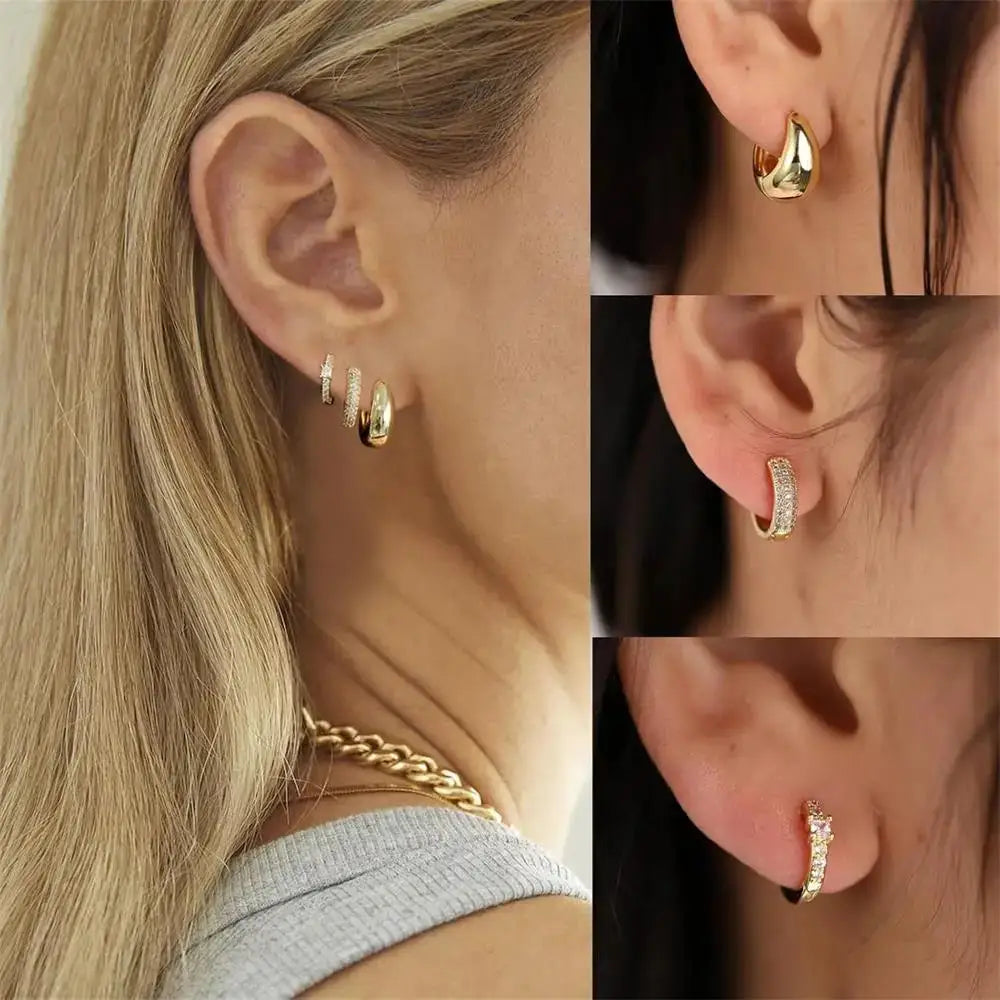 3pair/set Vintage Stainless Steel Simple Chunky Round Zircon Hoop Earrings Polished Gold Plated Rhinestone Huggie Ear Buckle New by Hegichi