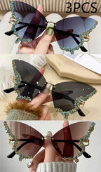 Luxury Diamond Butterfly Sunglasses Women Brand Y2K Vintage Rimless Oversized Sun Glasses Ladies Eyewear by Hegichi