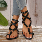 Rome Women Shoes 2026 Summer Hot Sale Women's Sandals Retro Ankle Buckle Rivet Flat Sandals British Style Plus Size Lady Shoes by Hegichi