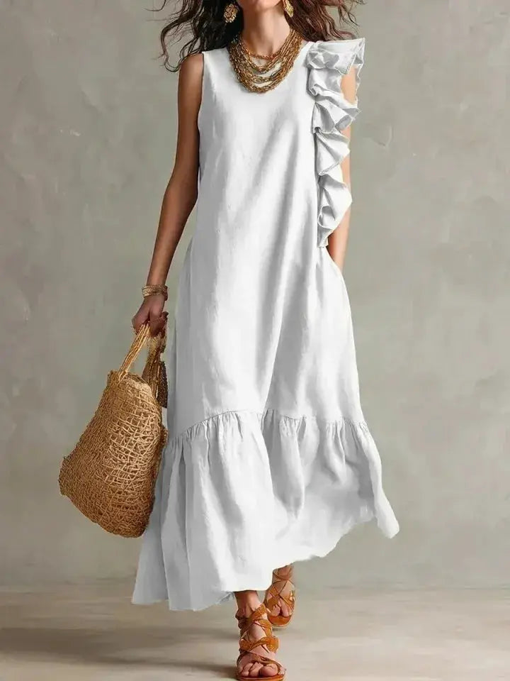 Women's Summer Irregular Ruffled Sleeveless Dress Casual Round Neck Solid Color Loose Long Dress Vestidos De Fiesta Elegantes by Adornity
