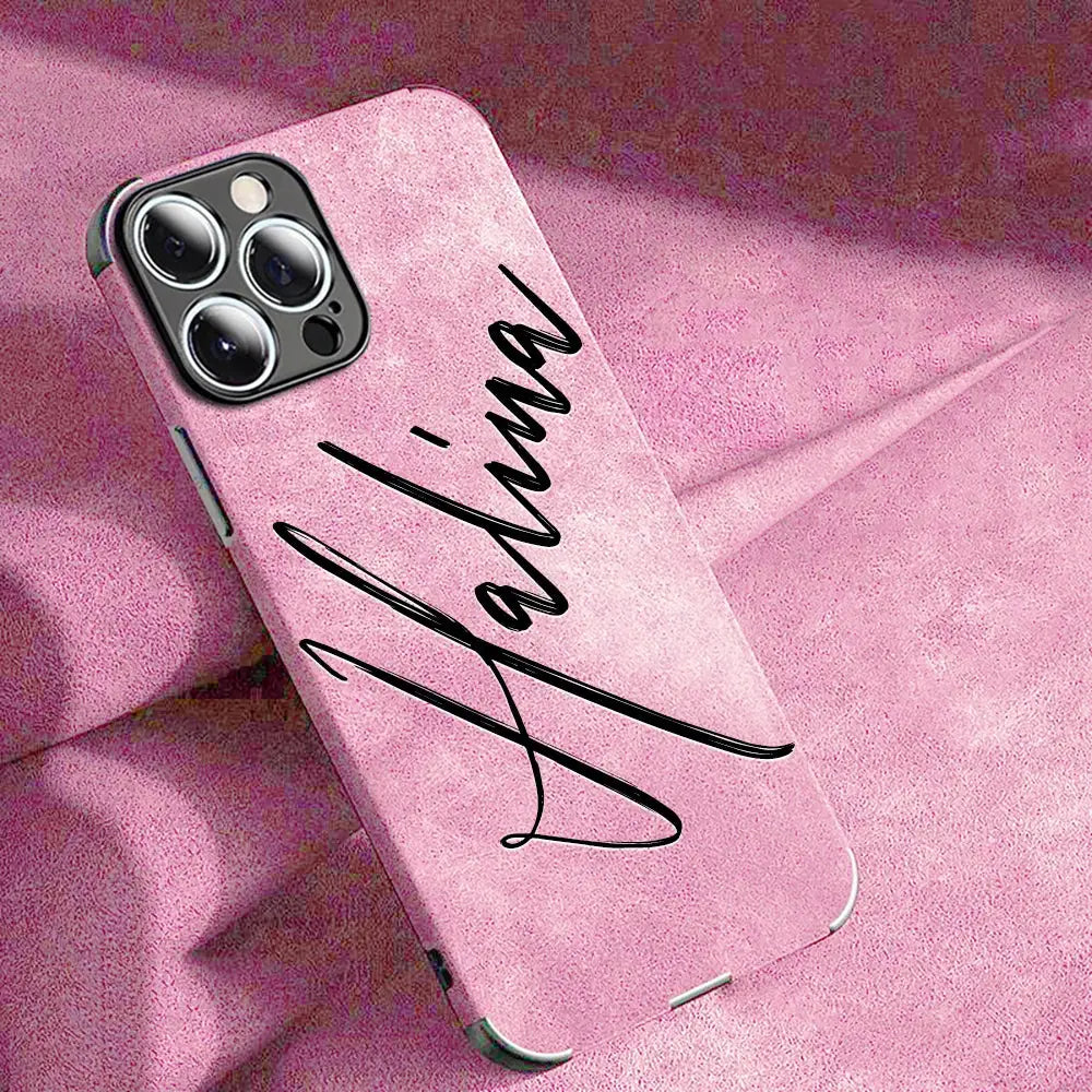Large Brush Calligraphy Name Customized Phone Case For iPhone 16 15 14 13 12 11 Pro Max Lambskin Faux Leather Shockproof Cover by Hegichi