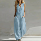 New Summer Sleeveless Cotton Linen Jumpsuit Women Casual V Neck Loose Wide Leg Pants Jumpsuit Women Casual Commuting Bodysuits by Adornity