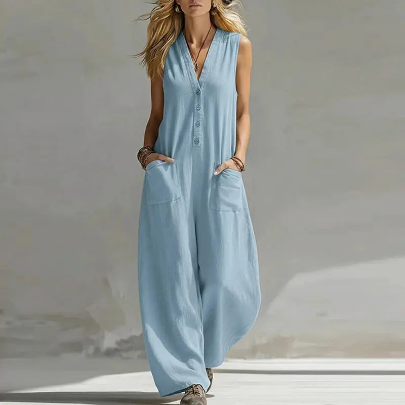 New Summer Sleeveless Cotton Linen Jumpsuit Women Casual V Neck Loose Wide Leg Pants Jumpsuit Women Casual Commuting Bodysuits by Adornity