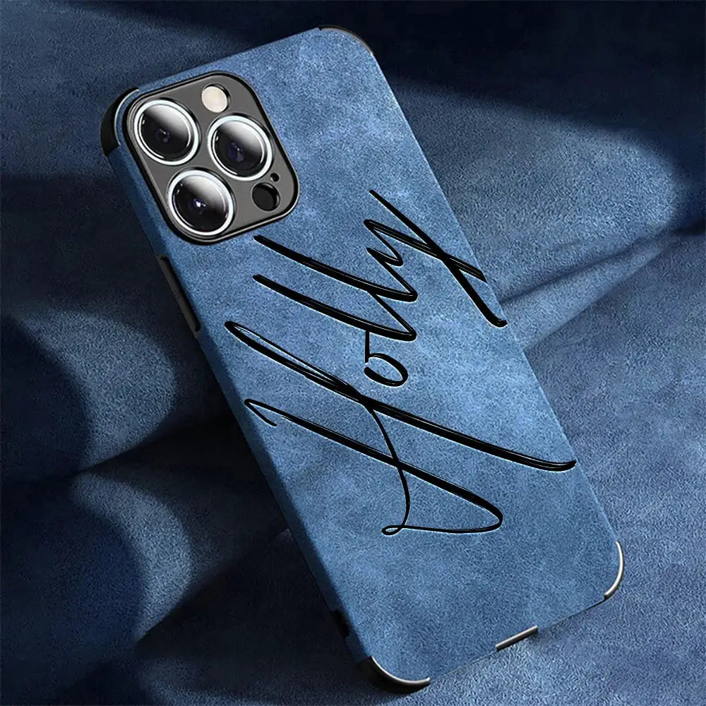 Large Brush Calligraphy Name Customized Phone Case For iPhone 16 15 14 13 12 11 Pro Max Lambskin Faux Leather Shockproof Cover by Hegichi