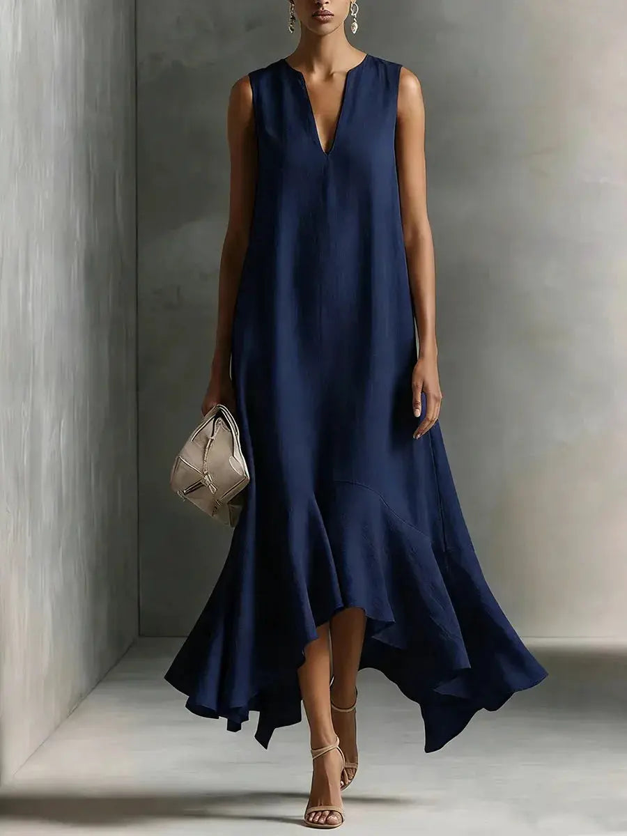 Solid Color Loose Long Dress For Women Summer Sexy V-neck Sleeveless Fashion Irregular Hem Dresses Lady Foreign Style Streetwear by Adornity
