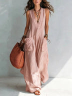 Summer Sleeveless Cotton Linen Jumpsuit Women V Neck Loose Wide Leg Pants Double Pocket Jumpsuit Casual Commuting Bodysuits by Adornity
