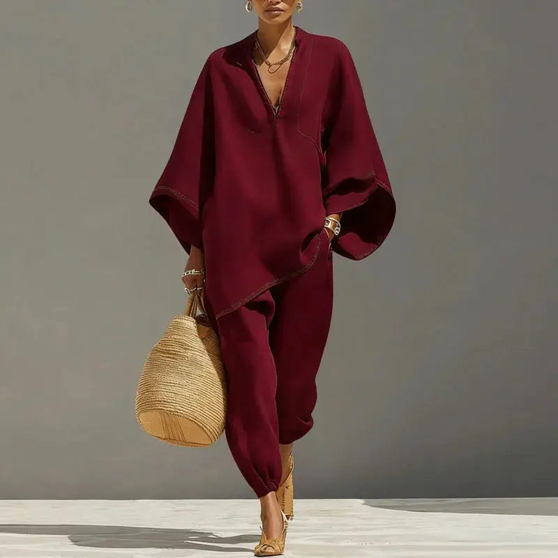 Female Clothing Two Piece Set 2026 Spring V Neck Loose Top Pullover & Long Pants Outfits Woman Batwing Sleeve Vintage Suit Mujer by Adornity