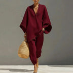 Female Clothing Two Piece Set 2026 Spring V Neck Loose Top Pullover & Long Pants Outfits Woman Batwing Sleeve Vintage Suit Mujer by Adornity