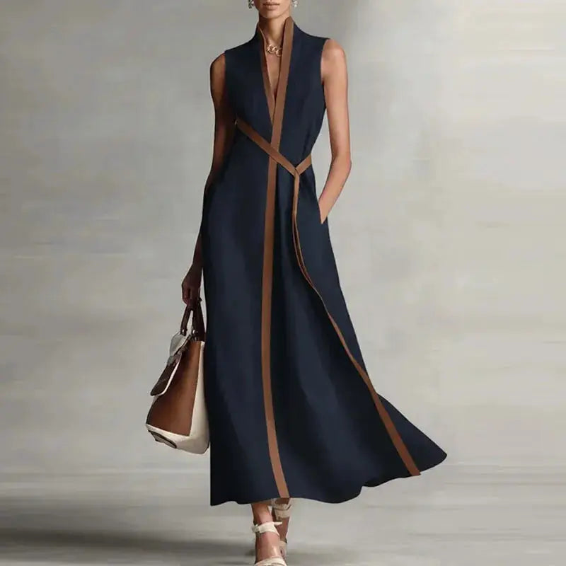 Casual Sleeveless V Neck A-Line Maxi Dresses Woman 2026 Spring Sexy Contrast Striped Print Long Dress Summer Vacation Boho Dress by Adornity