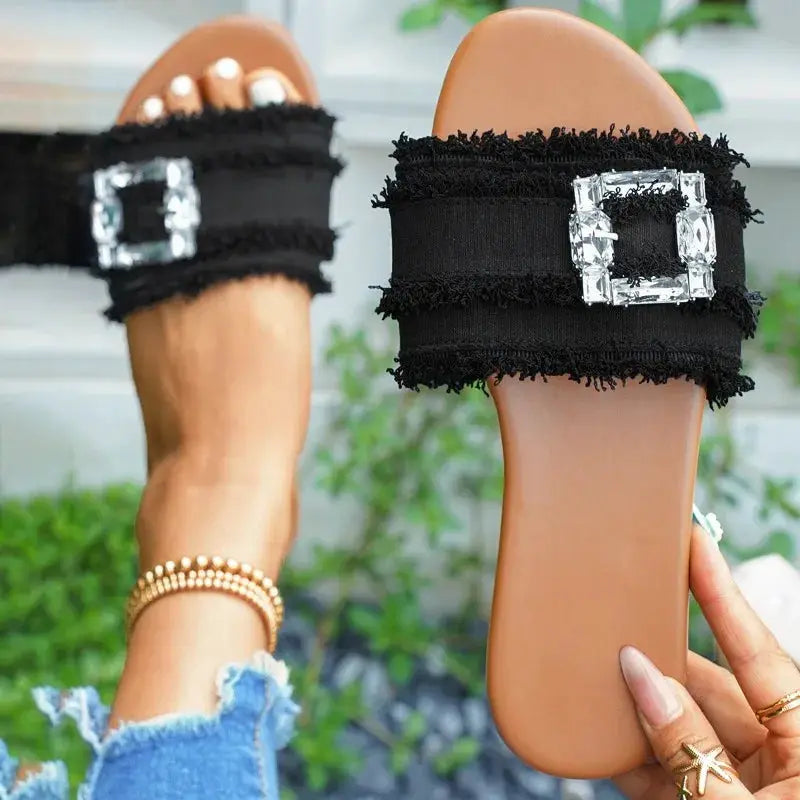 Women's Slippers Summer Sliding Metal Buckle Flat Shoes Fashion Sandals Women's Designer 2026 Comfortable Women's Shoes Slides by Adornity