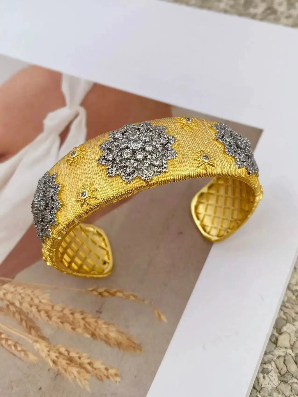 Gold Plated Bracelet – Cubic Zirconia Ring & Flower Pattern Vintage Copper Bangles Set by Adornity