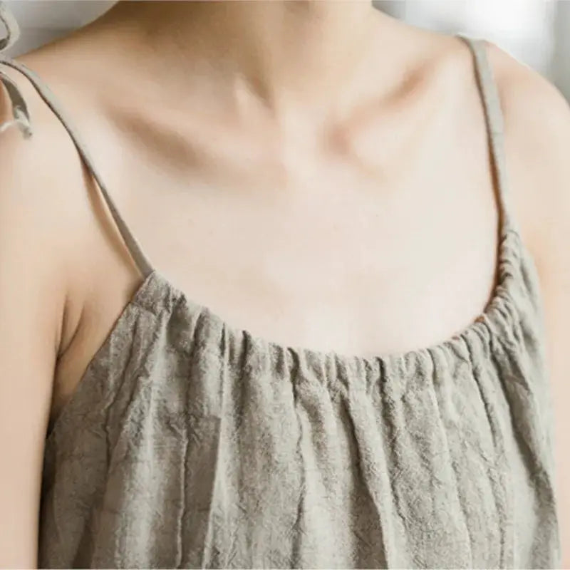 Johnature Women Vintage Ramie Cotton Spaghetti Strap Dress 2025 Summer New Female Solid Color Sleeveless Dresses by Adornity