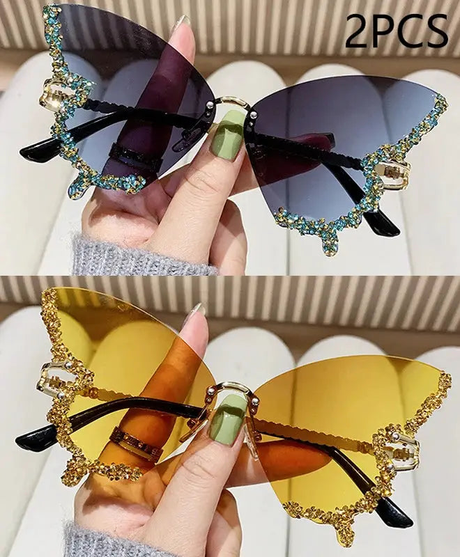Luxury Diamond Butterfly Sunglasses Women Brand Y2K Vintage Rimless Oversized Sun Glasses Ladies Eyewear by Hegichi