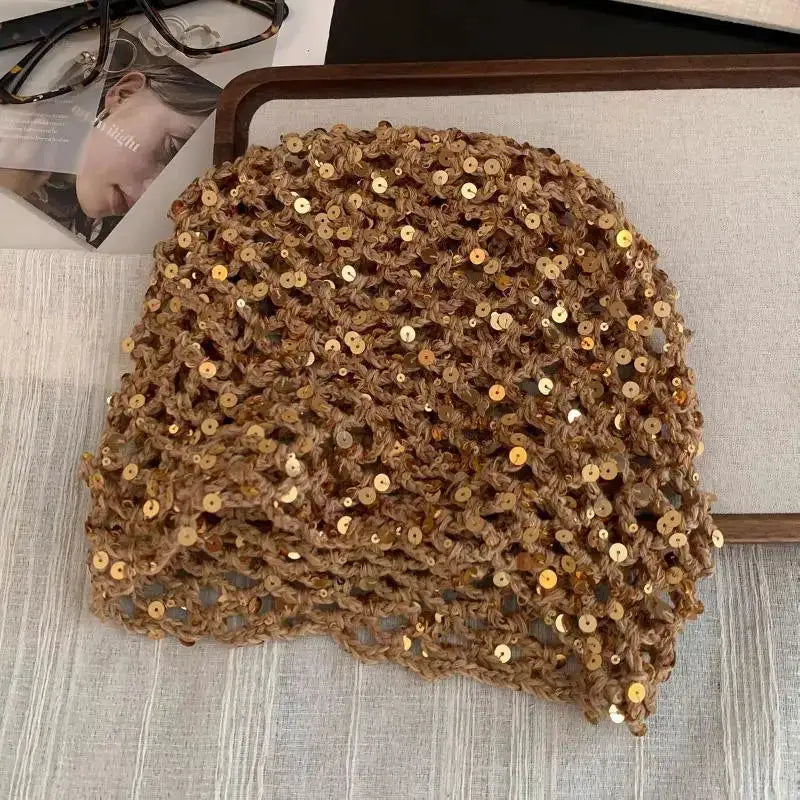 New Ins Style Sequined Hollow Pullover Hats Women Summer And Autumn Travel Photo Atmosphere Versatile Casual Y2K Beanies by Hegichi