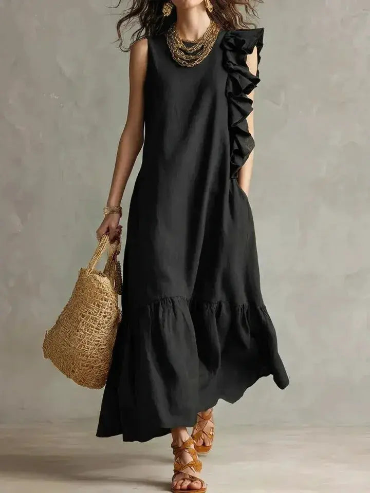 Women's Summer Irregular Ruffled Sleeveless Dress Casual Round Neck Solid Color Loose Long Dress Vestidos De Fiesta Elegantes by Adornity