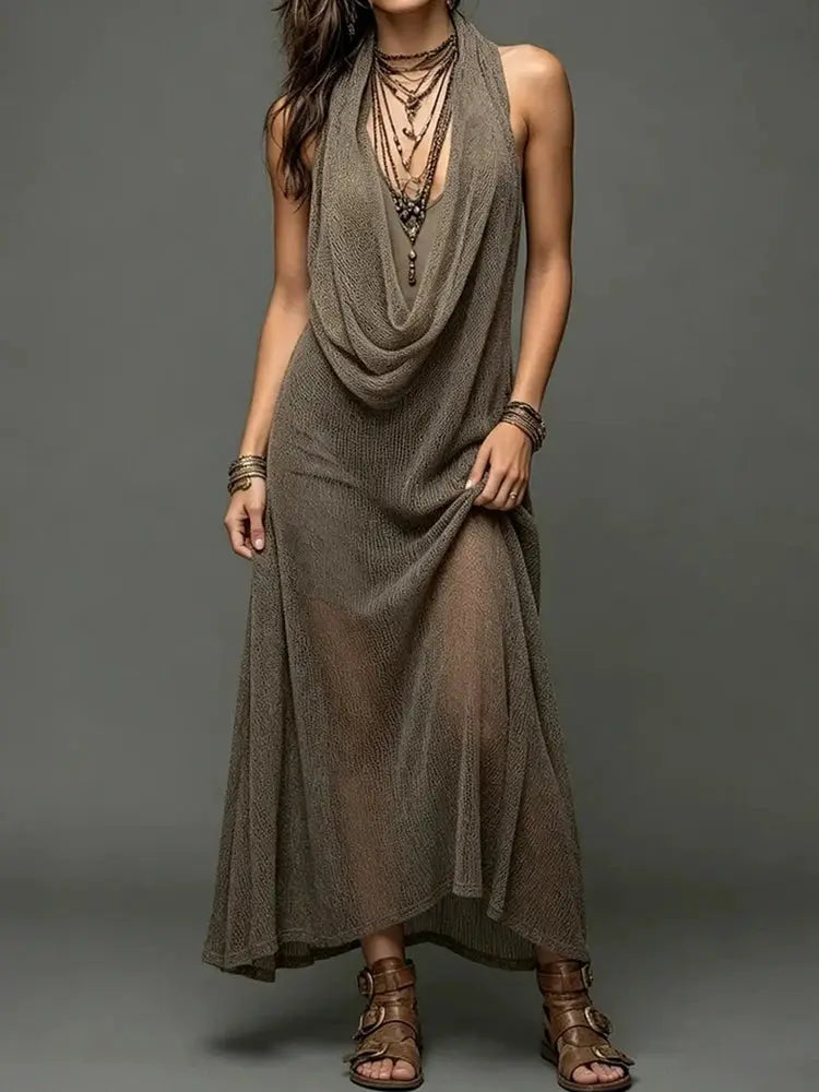 Solid Loose Elegant Maxi Dress Women's Summer Sleeveless Halter Patchwork Beach Style Holiday Fashion Simple Ladies Party Dress by Adornity