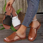 Women's Summer Comfortable Beach Slippers Fashion Braided Band Flat Sandals Woman Lightweight Soft Pu Leather Slippers Plus Size by Hegichi