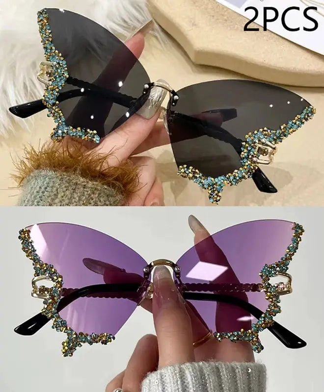 Luxury Diamond Butterfly Sunglasses Women Brand Y2K Vintage Rimless Oversized Sun Glasses Ladies Eyewear by Hegichi