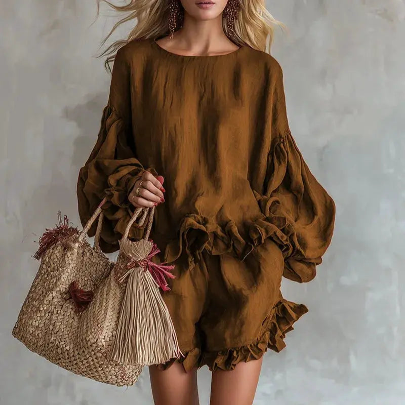 Bohemian Casual Vacation Outfits Woman Elegant O Neck Ruffle Hem Top And Beach Shorts Set Spring Solid Loose Fit Streetwear Suit by Adornity