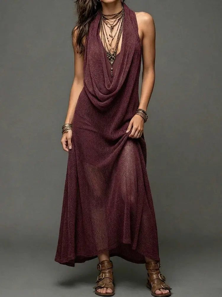 Solid Loose Elegant Maxi Dress Women's Summer Sleeveless Halter Patchwork Beach Style Holiday Fashion Simple Ladies Party Dress by Adornity