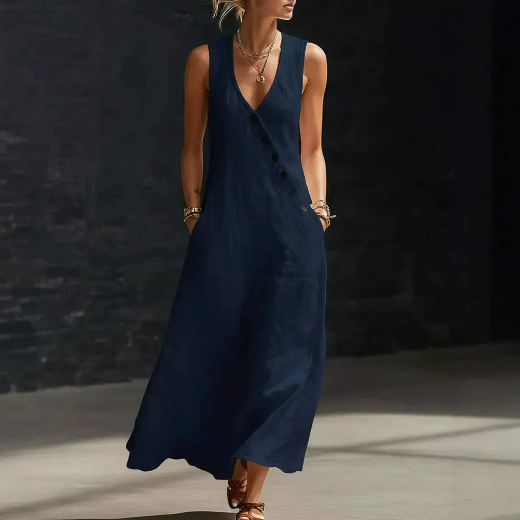 Casual Sleeveless Loose Maxi Dress Women Summer 2026 Fashion Solid Color V-neck Holliday Long Dresses Elegant by Adornity