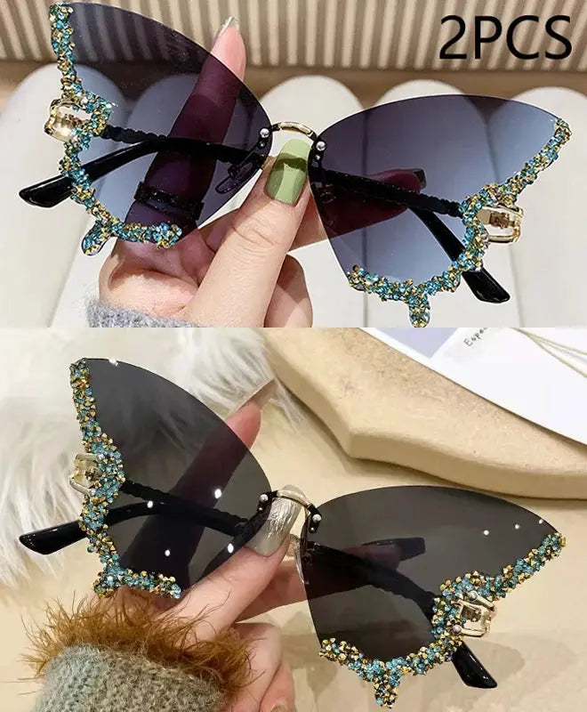 Luxury Diamond Butterfly Sunglasses Women Brand Y2K Vintage Rimless Oversized Sun Glasses Ladies Eyewear by Hegichi