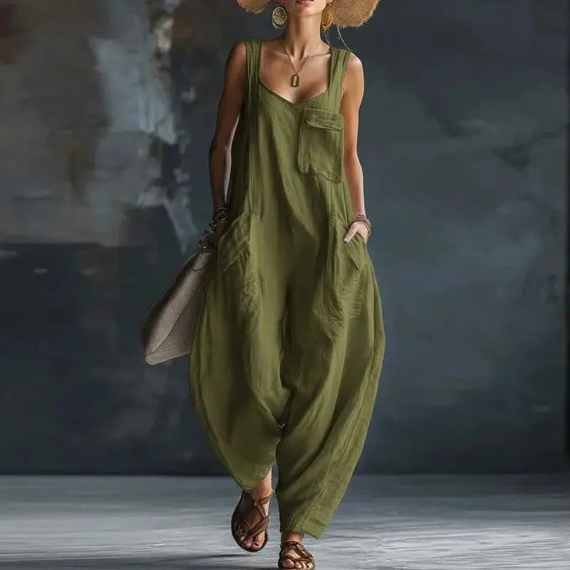Elegant Square Collar Hollow Women's Jumpsuits 2026 Spring Solid Sleeveless Office Rompers Summer Baggy Trousers Pocket Overalls by Adornity