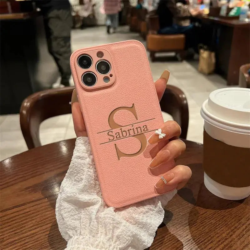Personalized Customized Initials Name Case For iPhone 17 16 15 14 13 12 11 Pro Max Plus Big Letter Laser Engraving Leather Cover by Hegichi