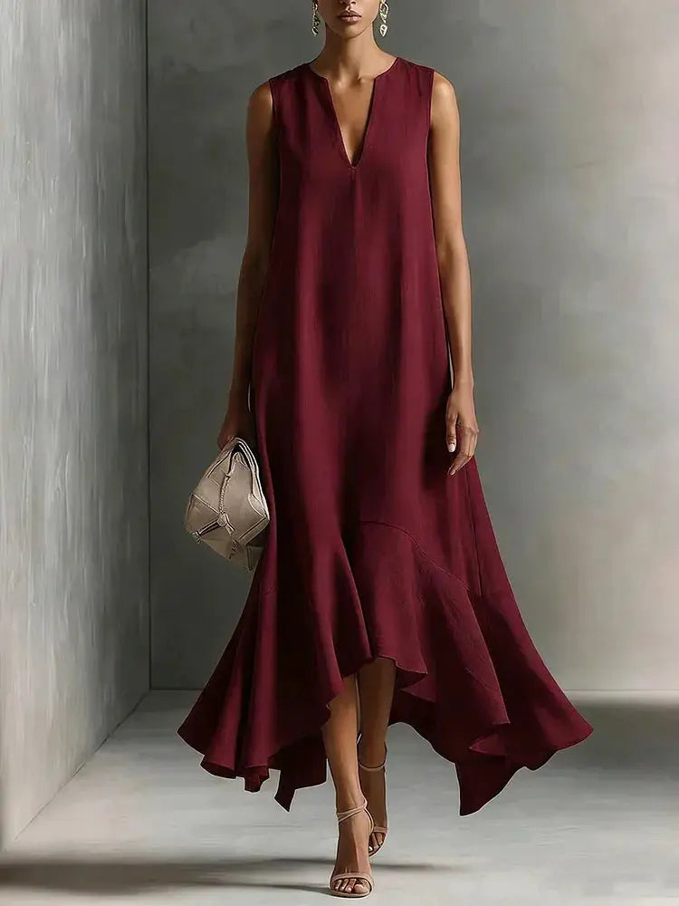 Solid Color Loose Long Dress For Women Summer Sexy V-neck Sleeveless Fashion Irregular Hem Dresses Lady Foreign Style Streetwear by Adornity